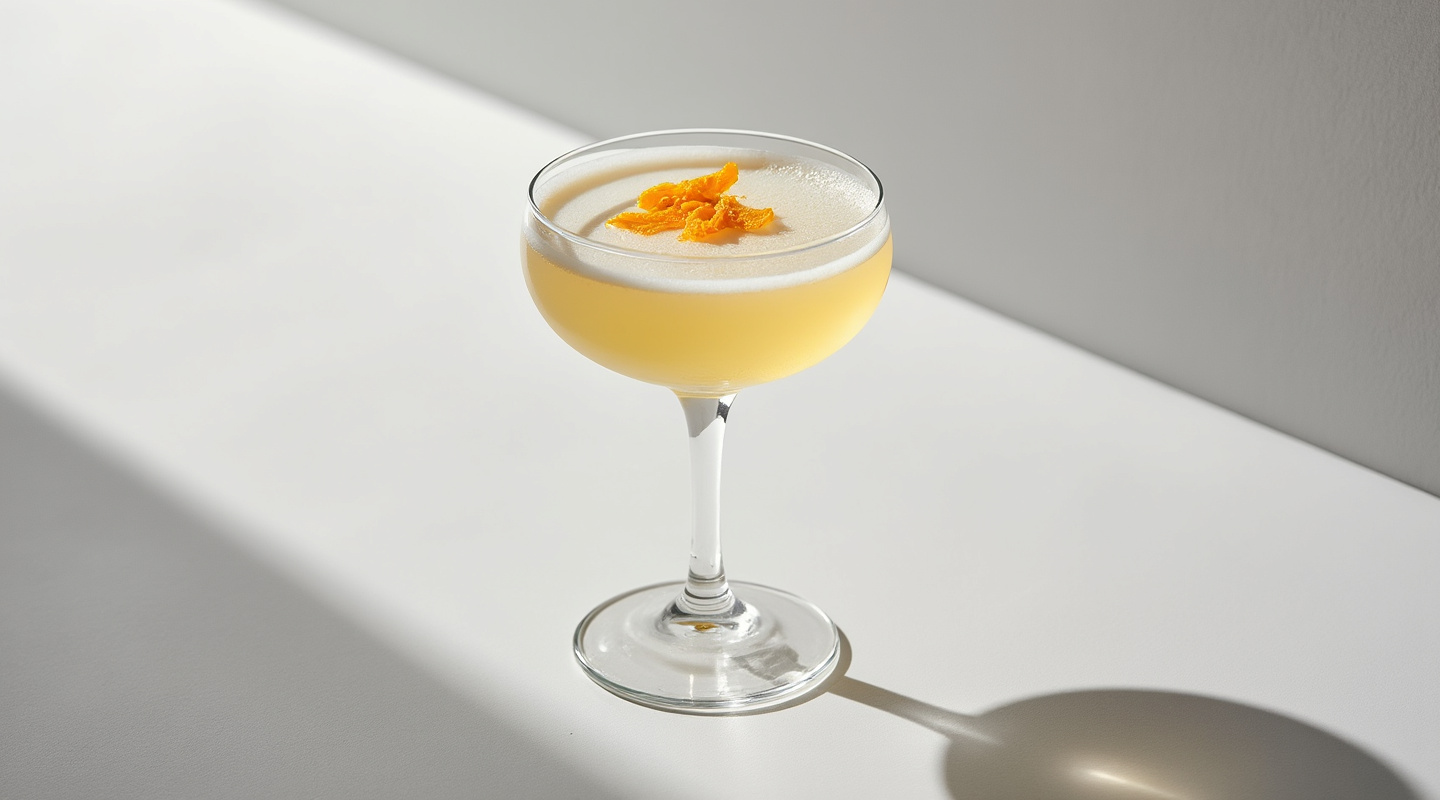 A sophisticated cocktail served in a chilled coupe glass with an orange zest twist garnish