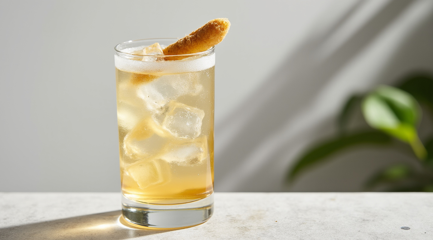 Medicina Latina cocktail in a pre-chilled Old-fashioned glass garnished with skewered crystallized ginger