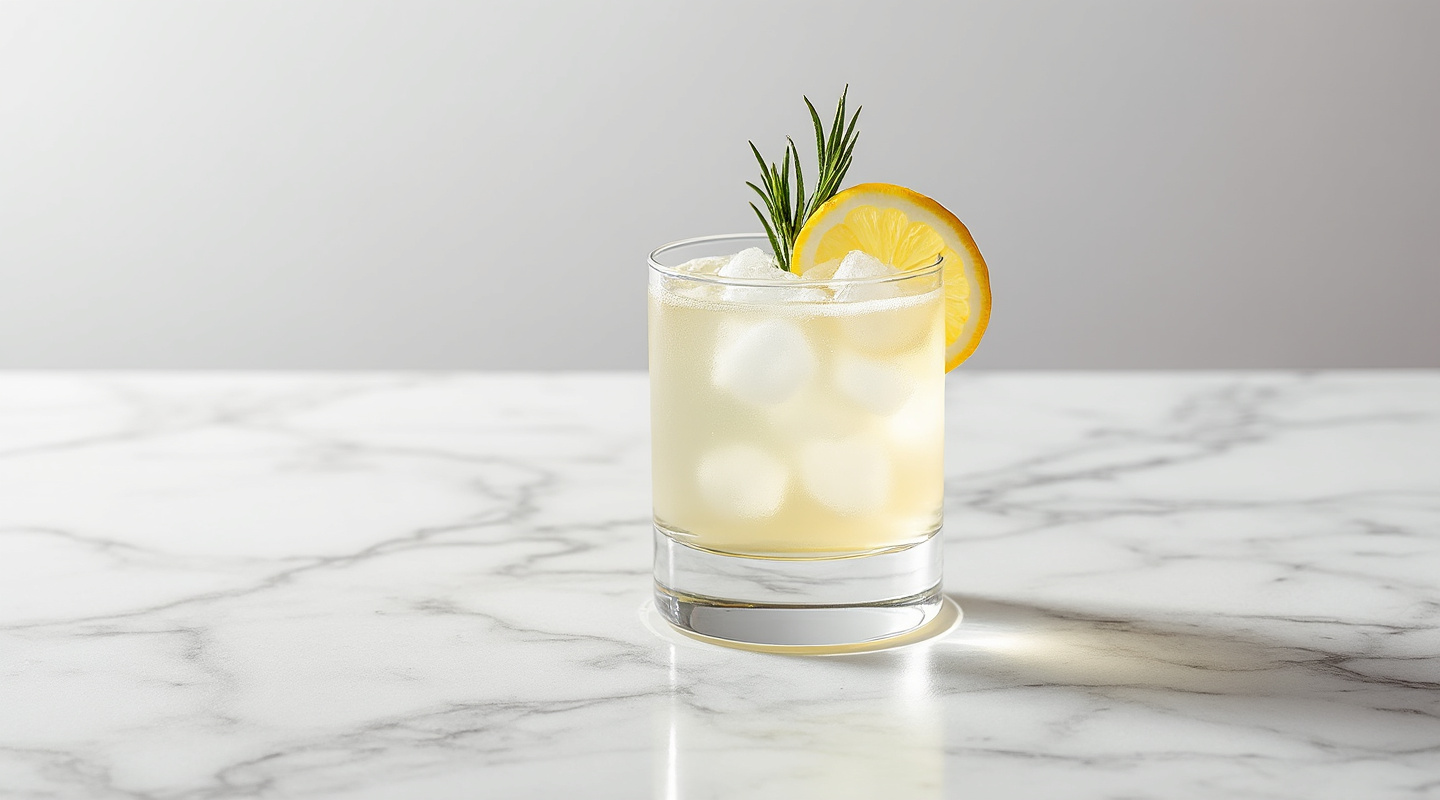 French Dew Sour cocktail served in an ice-filled Old-fashioned glass, garnished with a lemon slice and rosemary.