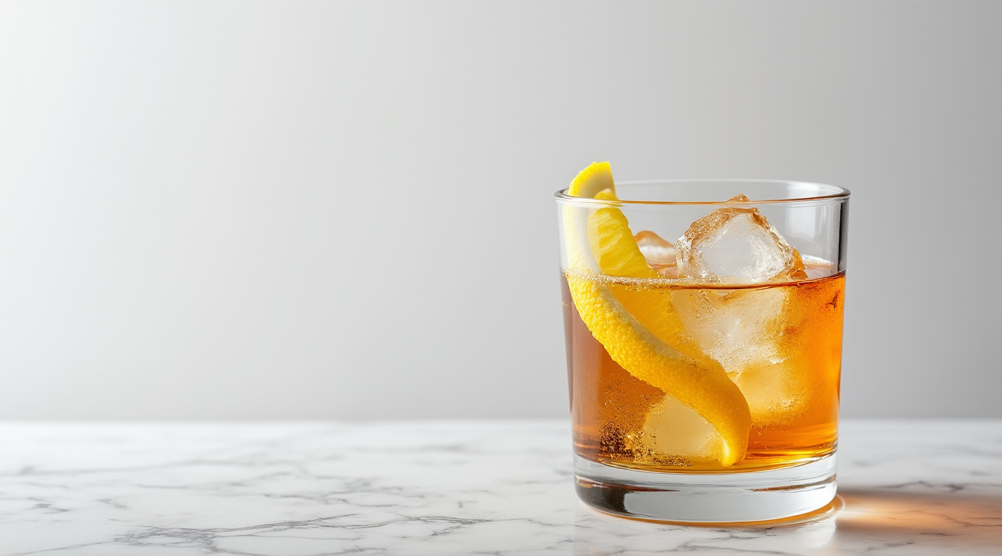 Gin Old Fashioned in a glass with lemon twist