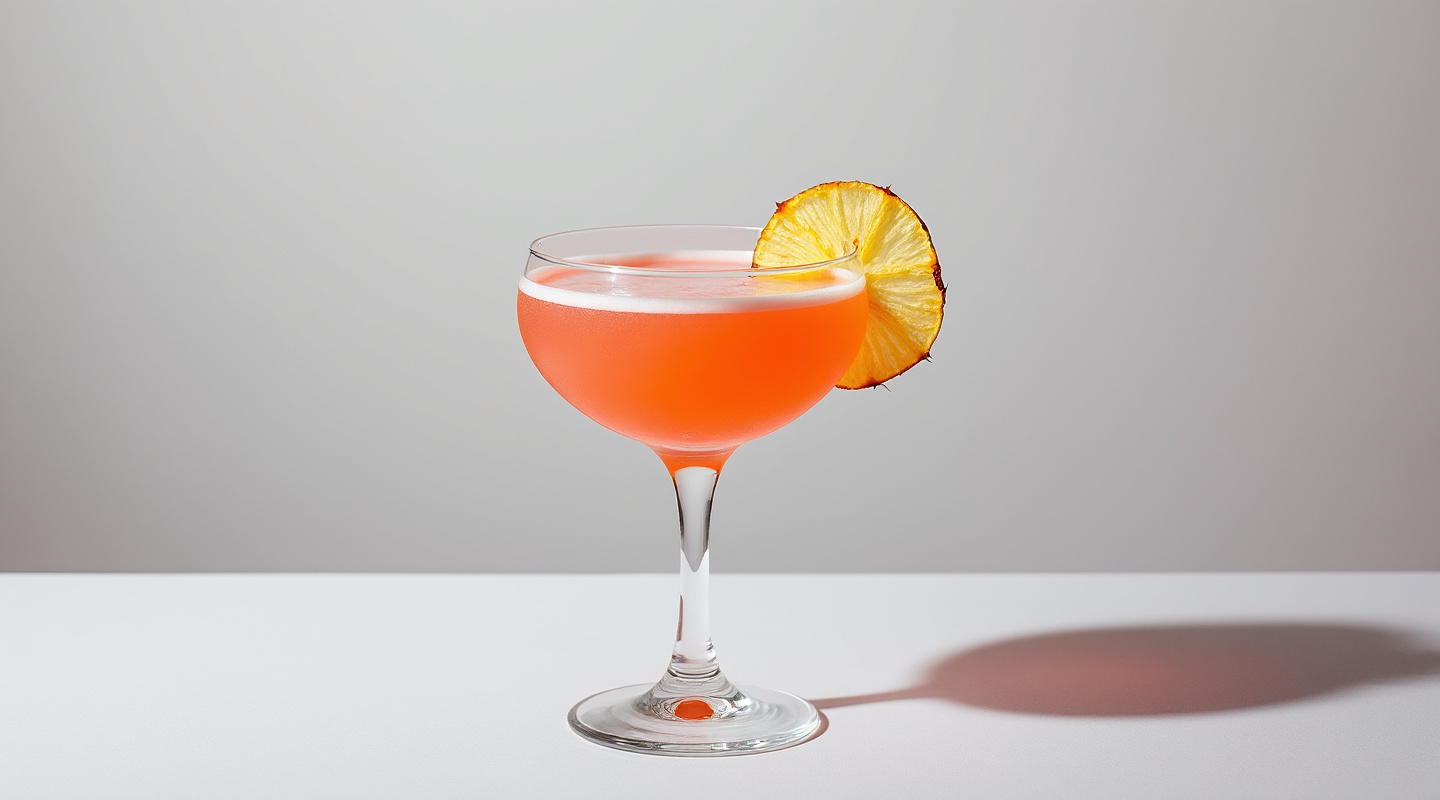 A refreshing Hwachae cocktail served in a coupe glass with a pineapple chip garnish