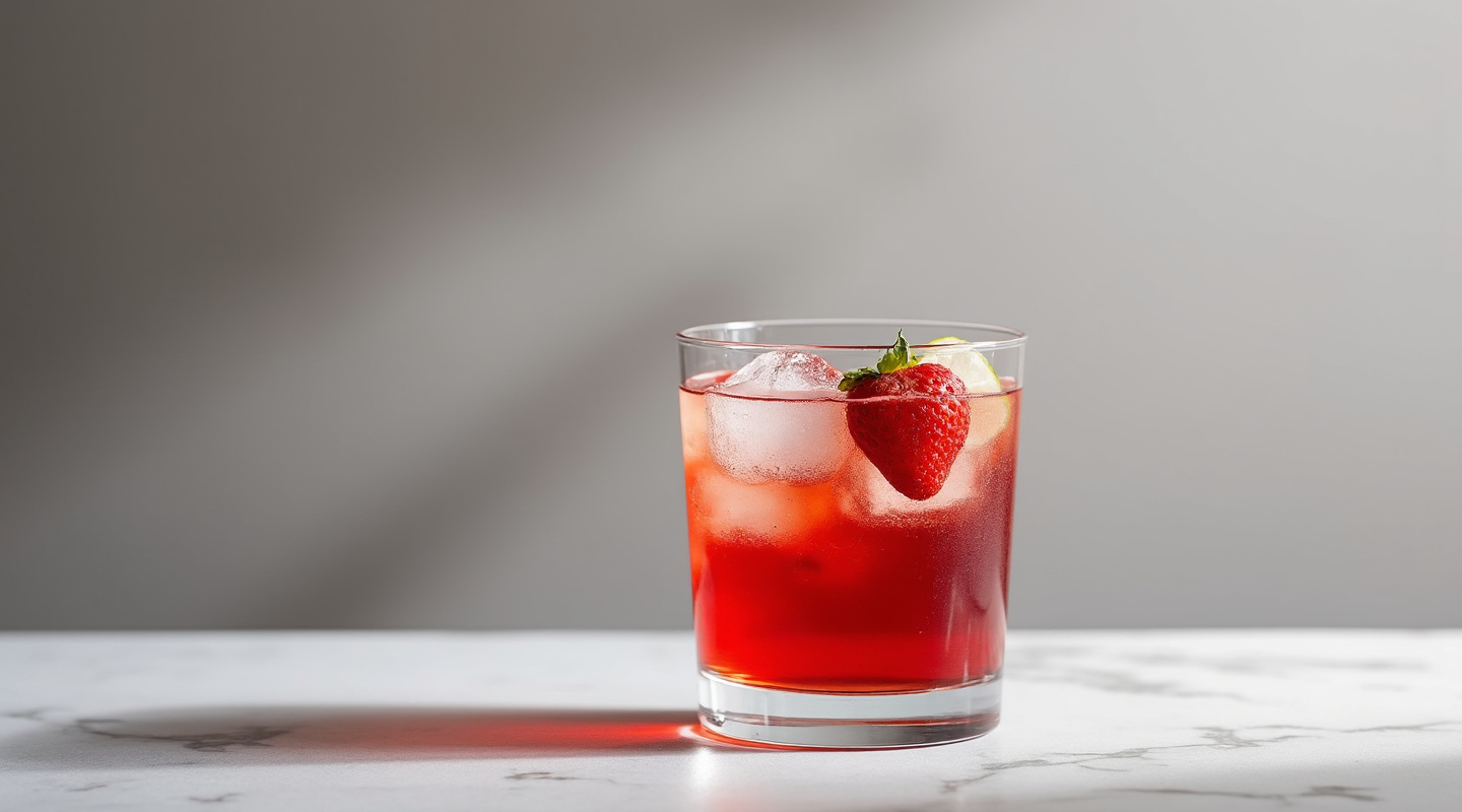 A glass filled with a pink cocktail garnished with a strawberry