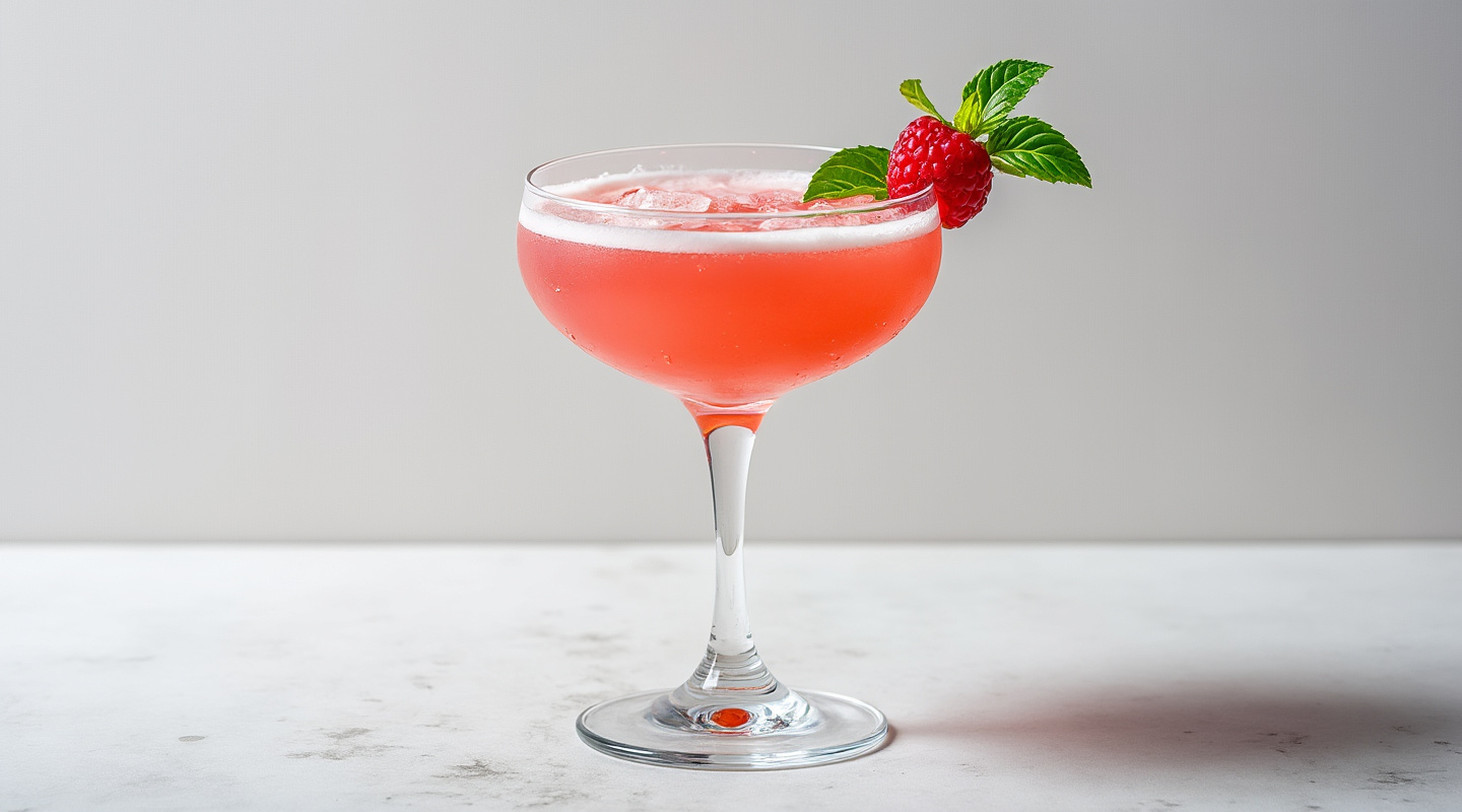 Lithuanian Daiquiri cocktail garnished with raspberry and basil leaf