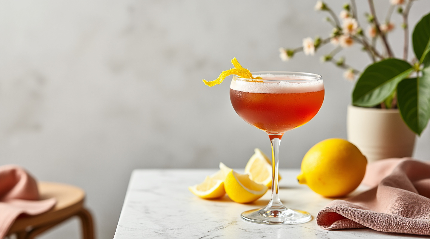 Naughty German in a Nick & Nora glass with a lemon zest twist.