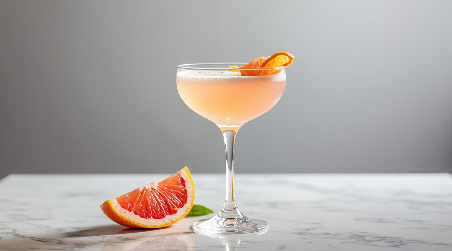 Old Acquaintance cocktail in a coupe glass with grapefruit zest garnish