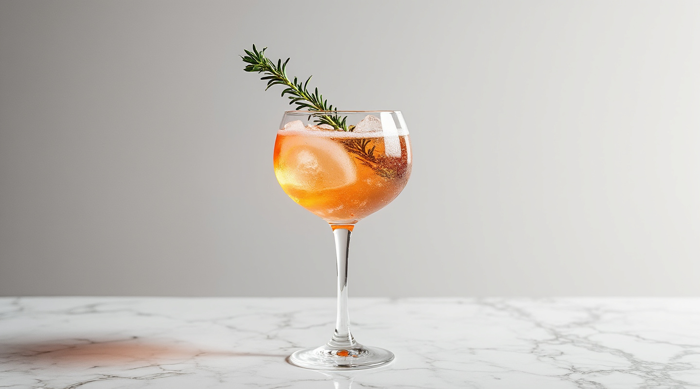 A refreshing French Spritz cocktail served in a wine glass with thyme sprig garnish.