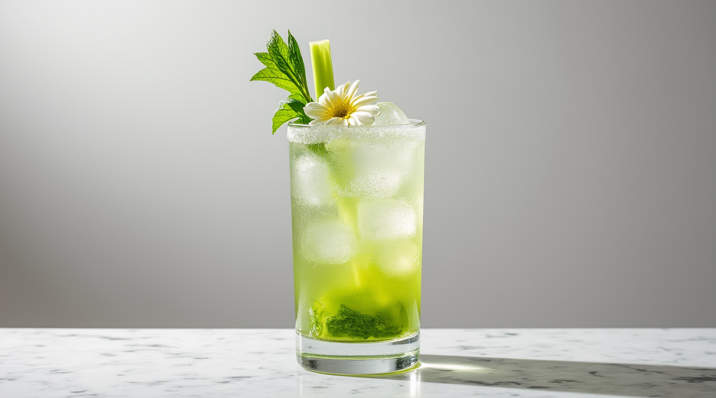 A vibrant green margarita served in a highball glass adorned with a celery spear and an edible flower.