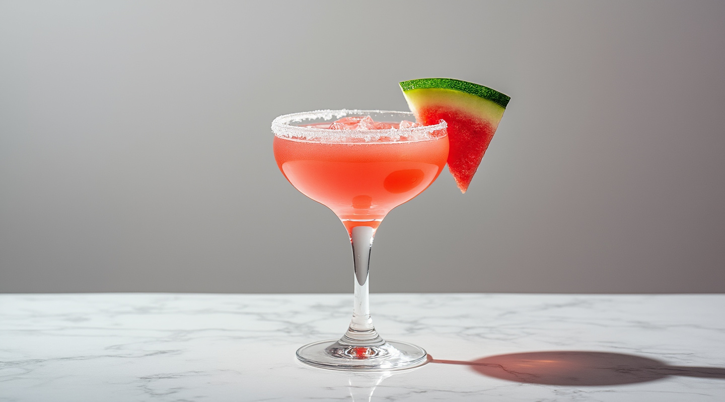 Watermelon Margarita in a Coupe glass with a garnish of fresh watermelon