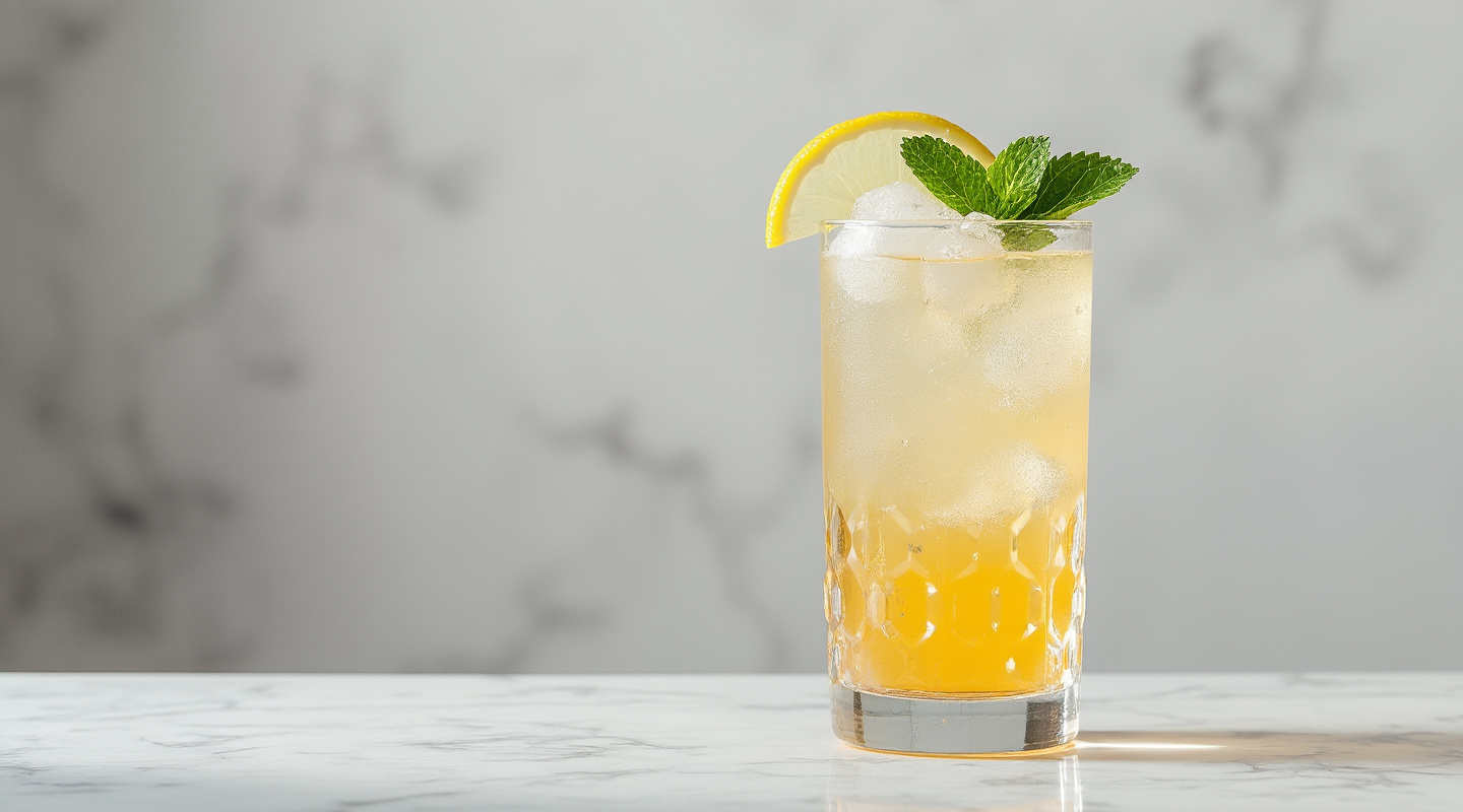 A glass of Chicago Fizz garnished with a lemon wheel