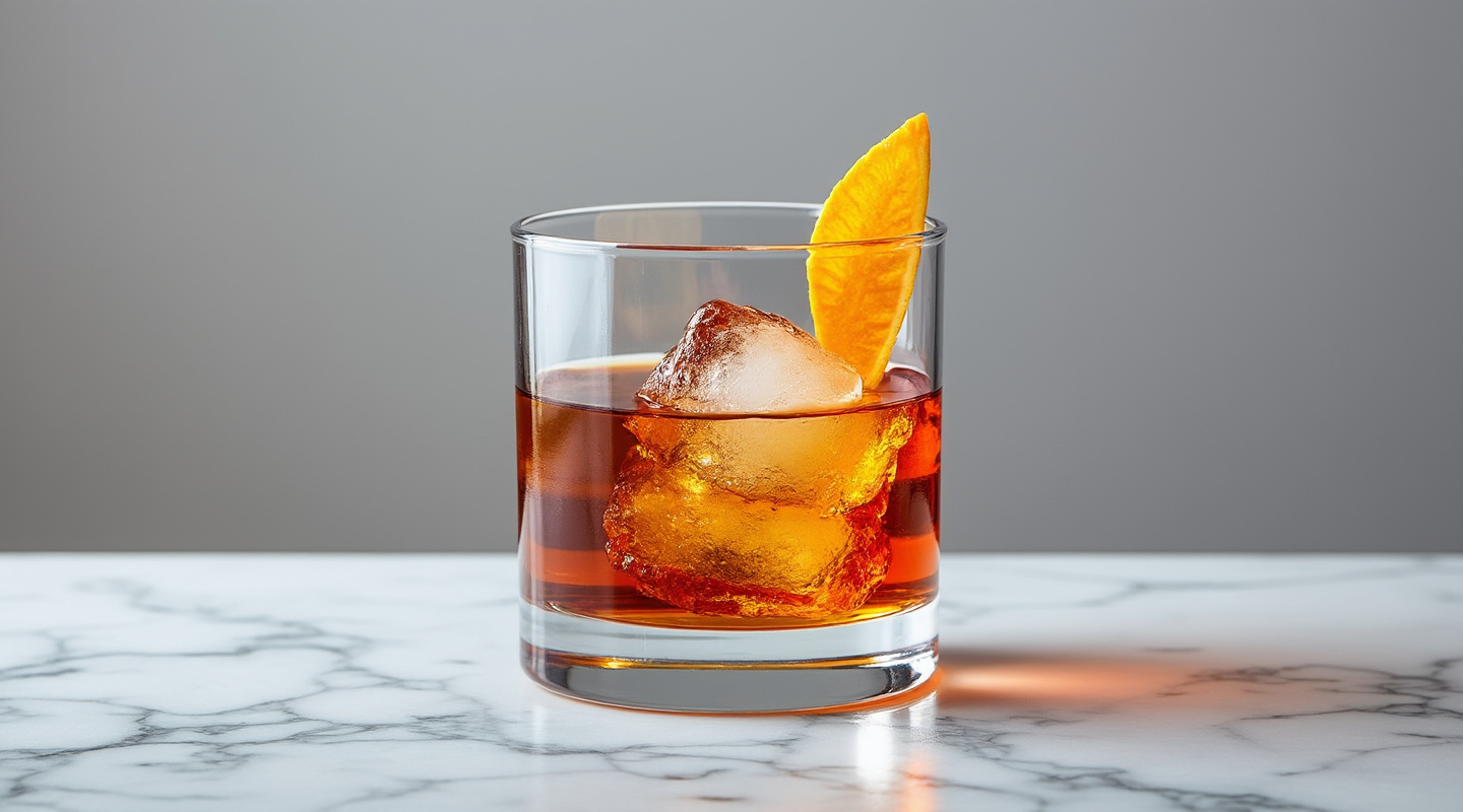 A Toffee Negroni served in a pre-chilled Old-Fashioned glass, garnished with an orange zest twist