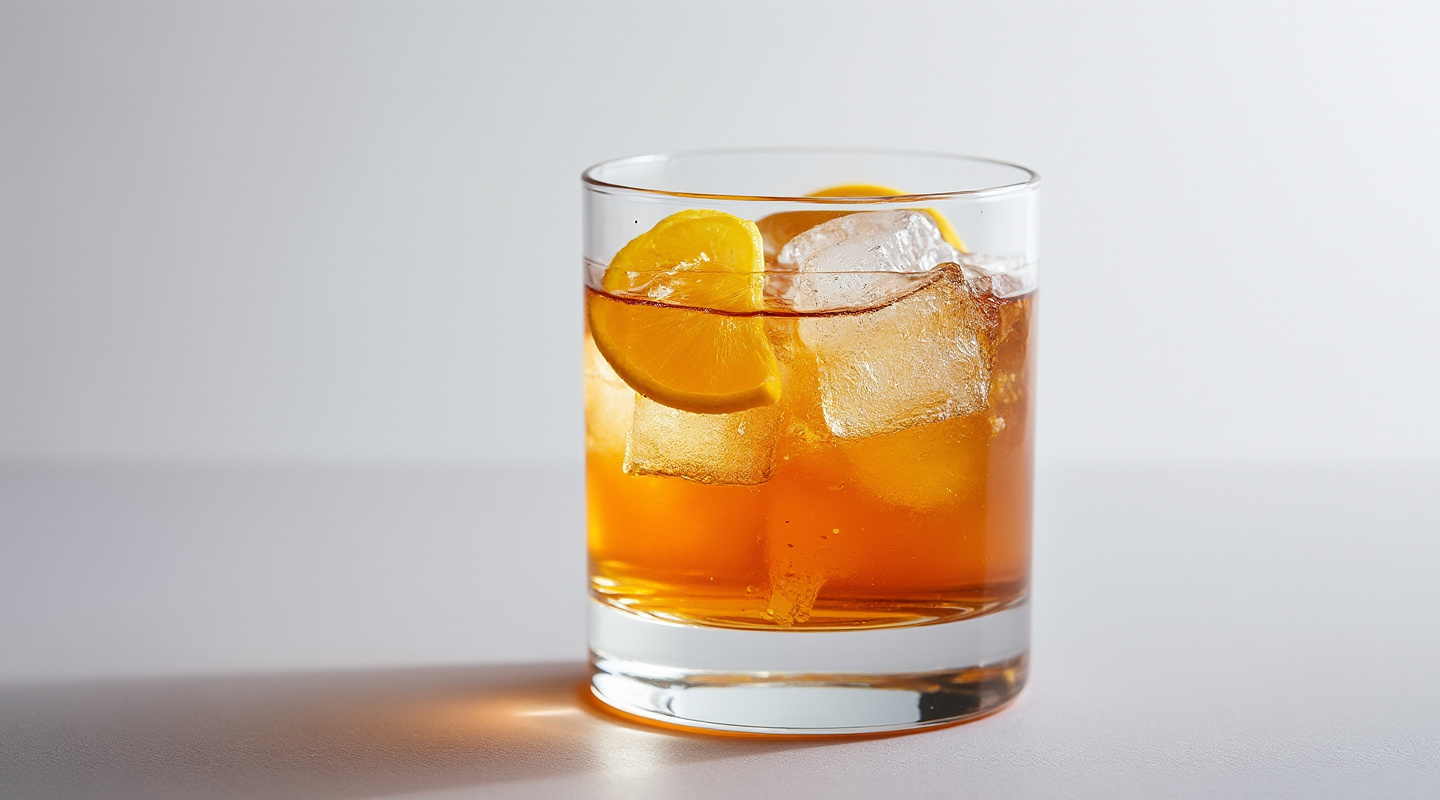Bourbon Peach Tea cocktail in a glass with a lemon zest twist garnish