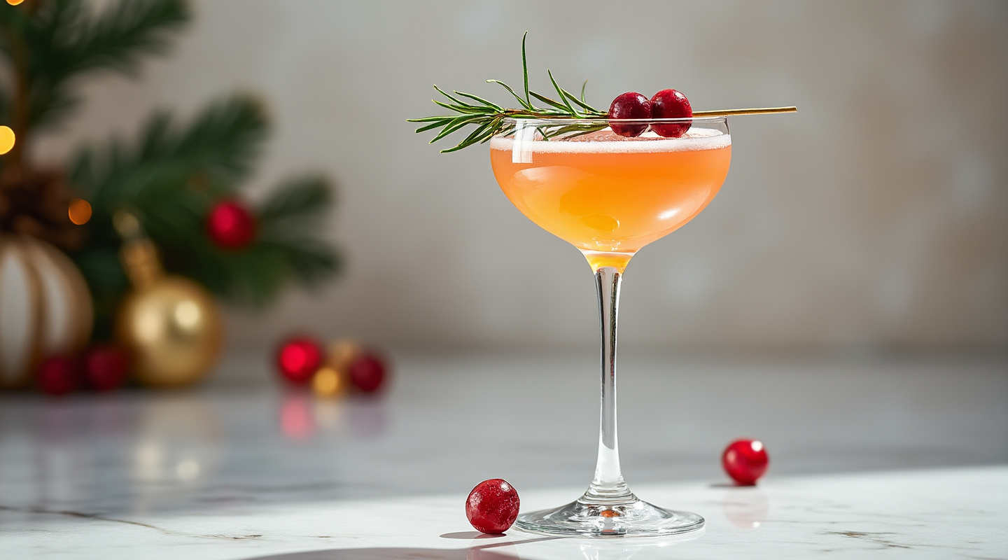 Christmas Cosmopolitan in a Coupe Glass garnished with Rosemary and Cranberries