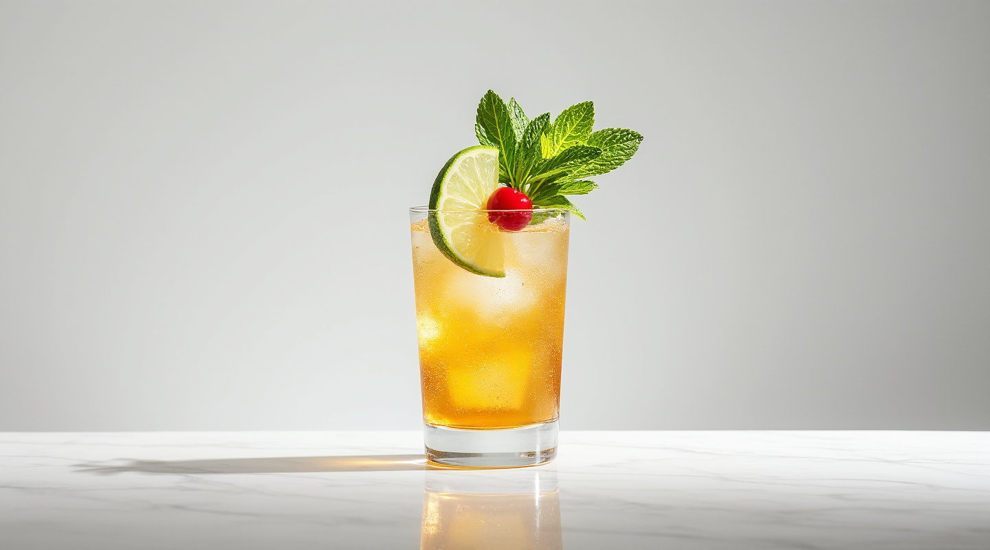 An enticing Quarantine Order cocktail served in a pre-chilled glass with a garnish of mint, lime wheel, and cherry