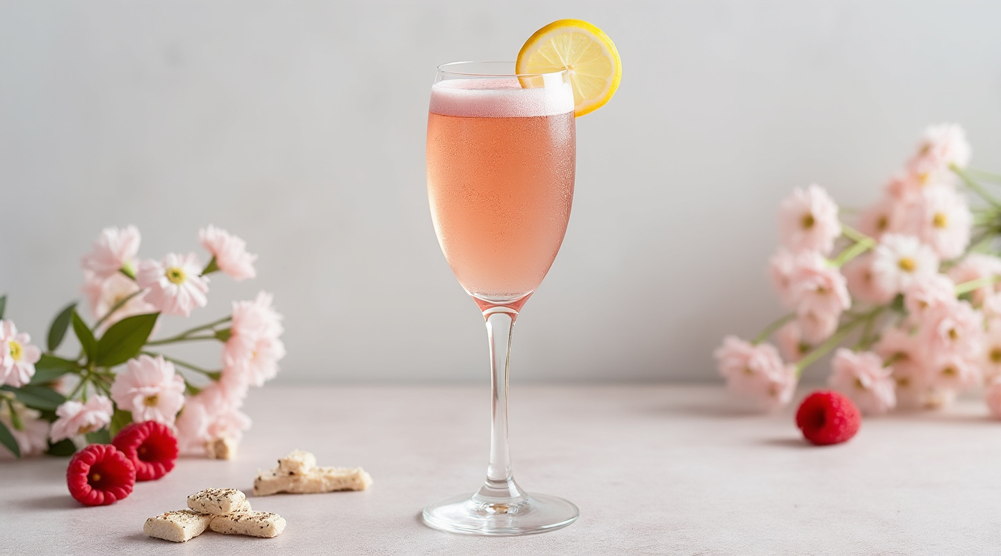 Rosé 75 cocktail garnished with a lemon zest twist in a champagne flute