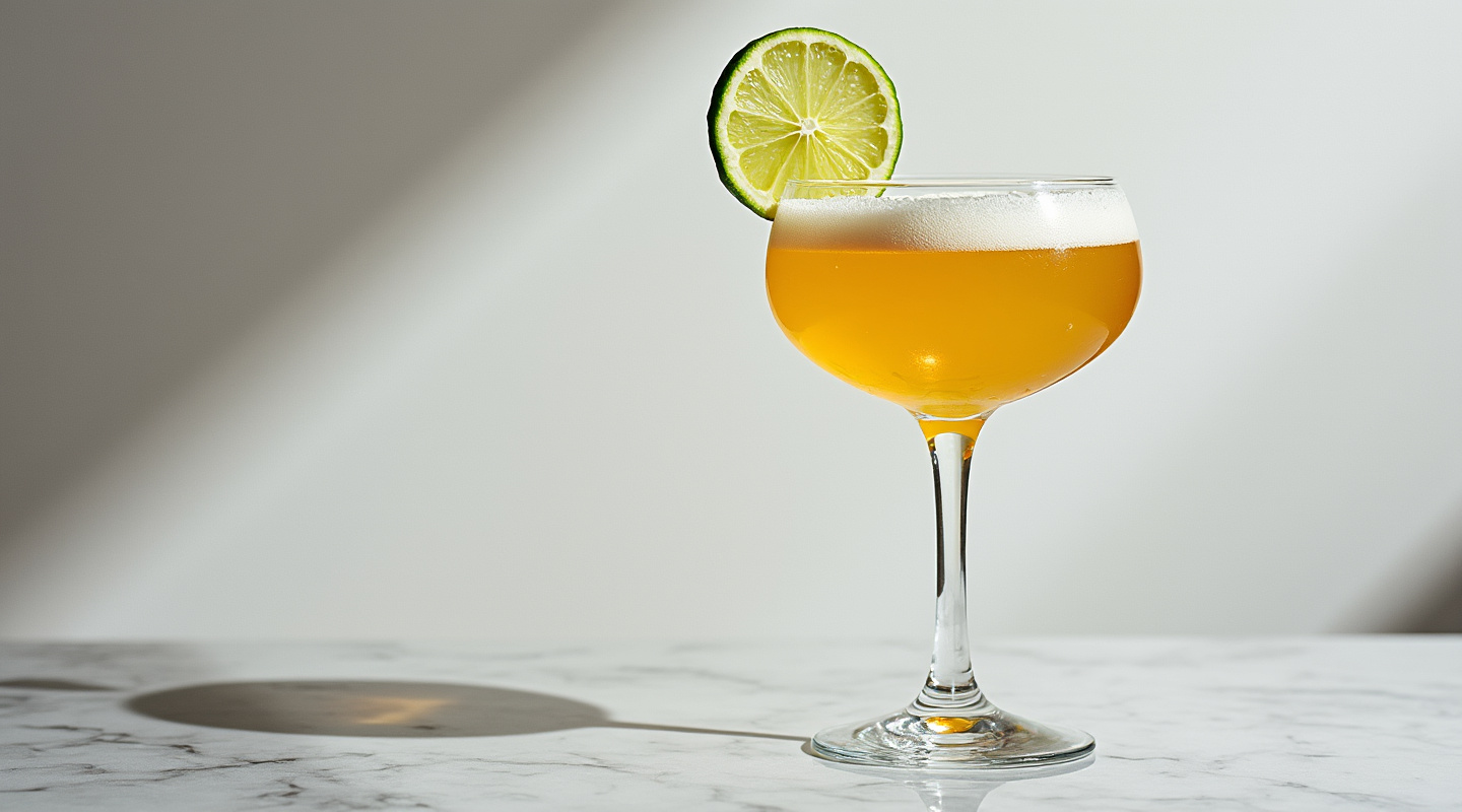 Juschu cocktail in a Coupe glass with a lime wheel garnish