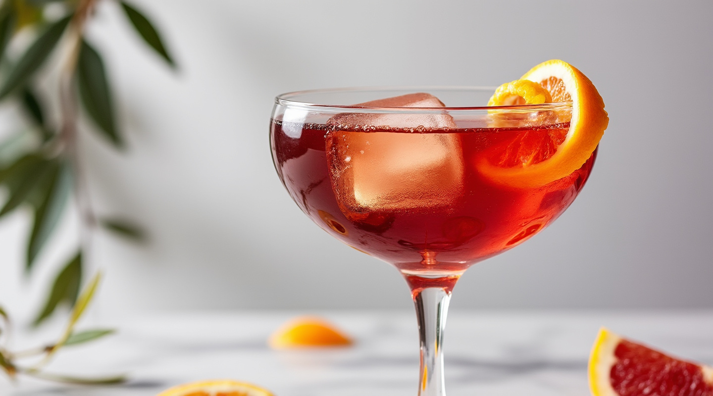 A Ruby Manhattan cocktail served in a chilled coupe glass with an orange zest twist.