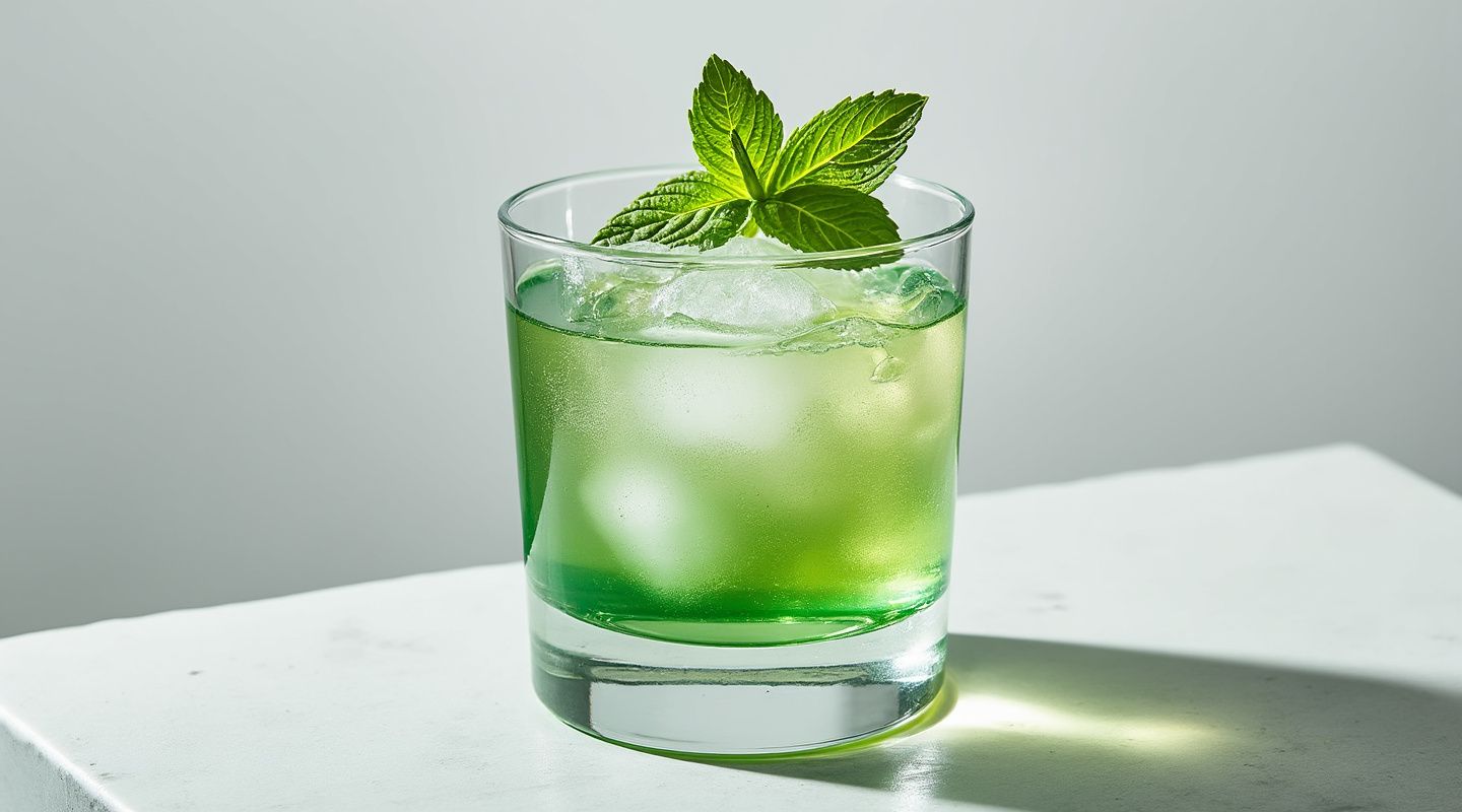 Luck of the Irish cocktail in an Old-Fashioned glass with mint garnish.