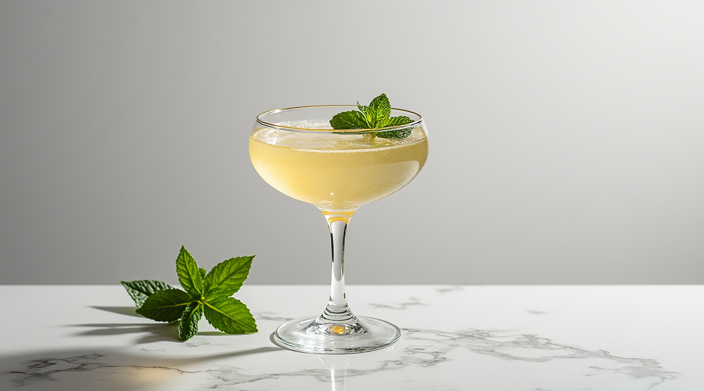 A beautifully styled Viriana Bracer cocktail served in a coupe glass