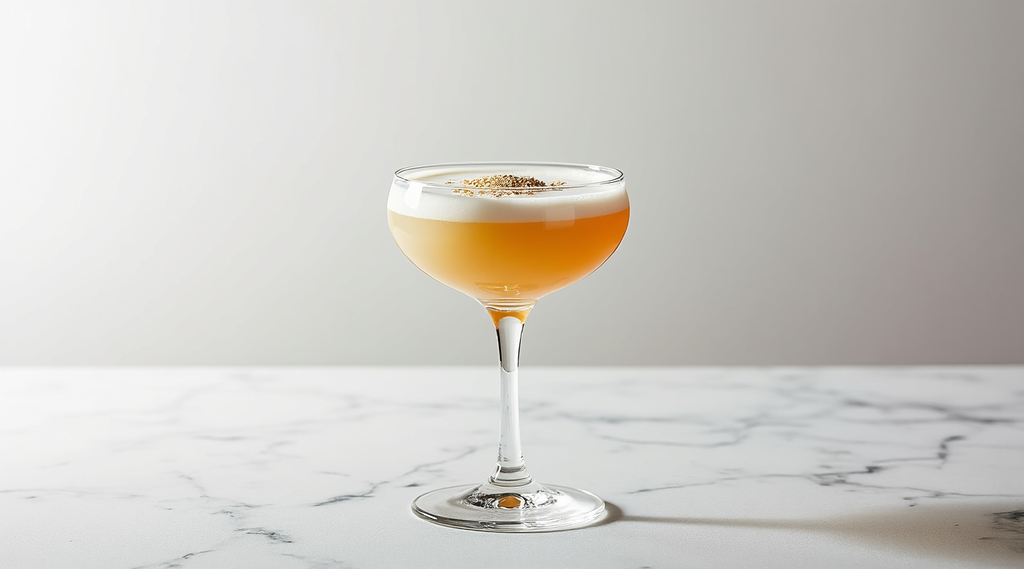 The Edge cocktail in a coupe glass with a frothy top and nutmeg dusting