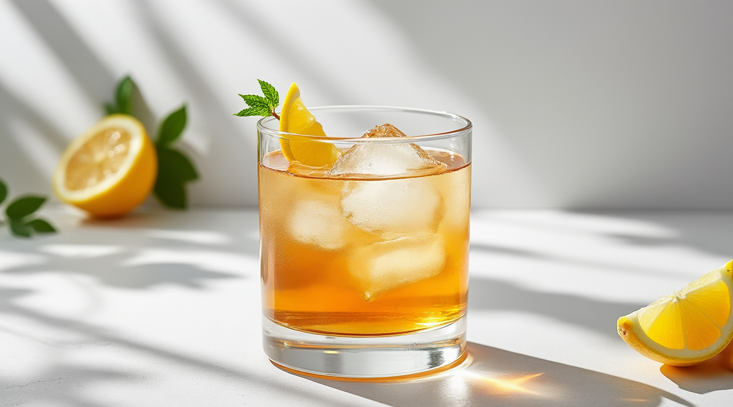 A glass of Dragoon cocktail with a large ice block