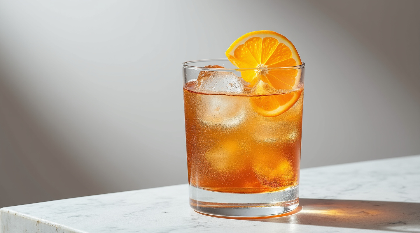 Castle Iron Cocktail in a Collins Glass Garnished with an Orange Slice