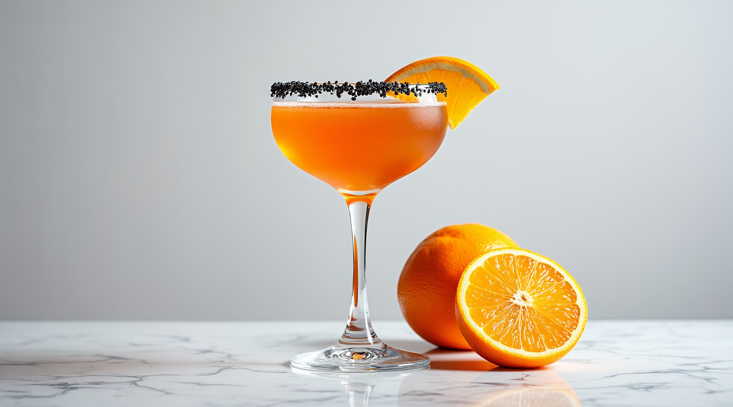 Black Widow's Bite cocktail in a rimmed glass with garnishes