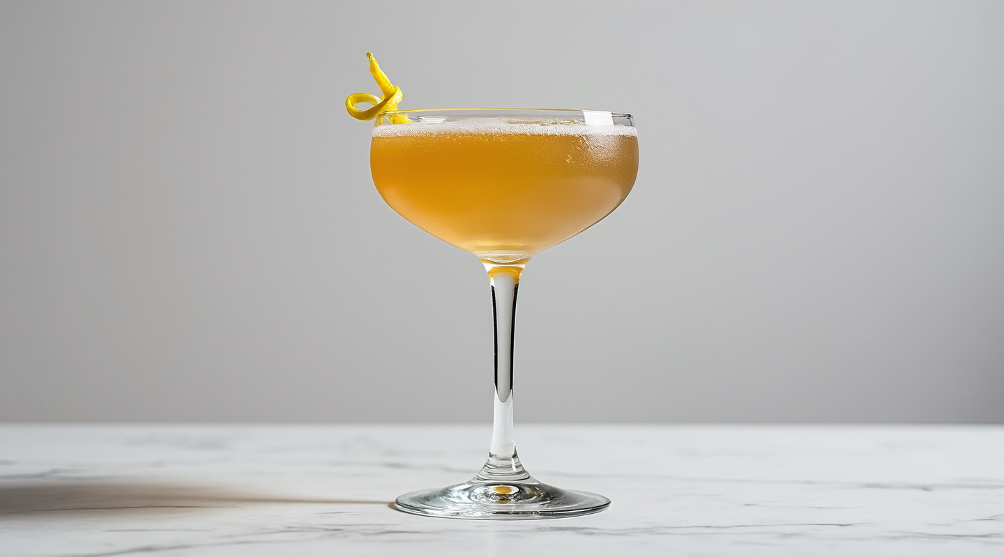 A Blind Pilot cocktail served in a coupe glass with a lemon zest twist garnish.