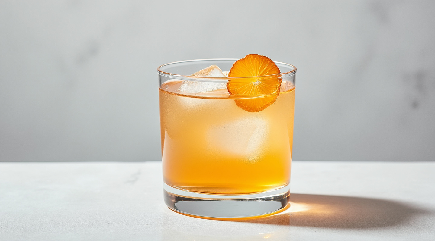 Apricot Stone Sour cocktail served in an old-fashioned glass with a garnish of dried apricot.