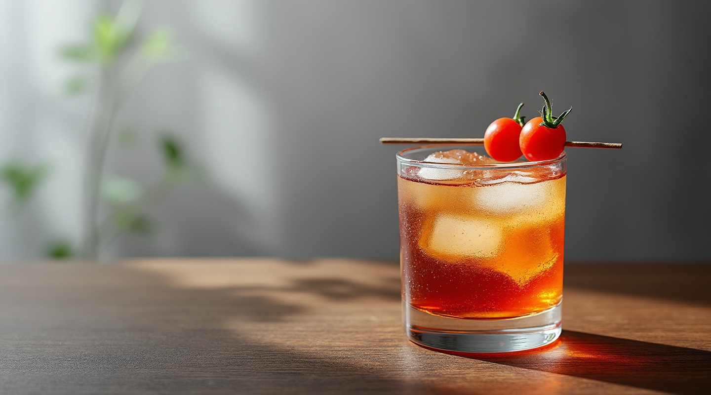 Little Tomato cocktail served in a Nick & Nora glass with a cherry tomato garnish