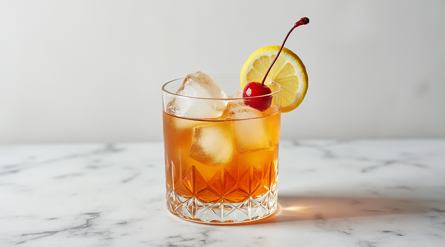 An Amaretto Sour in a chilled old-fashioned glass with a frothy top.