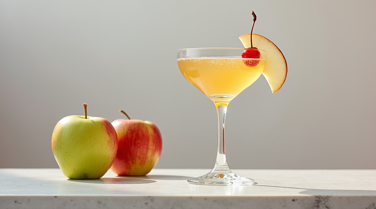 Big Apple Sour Martini in a chilled glass, garnished with cherry and apple