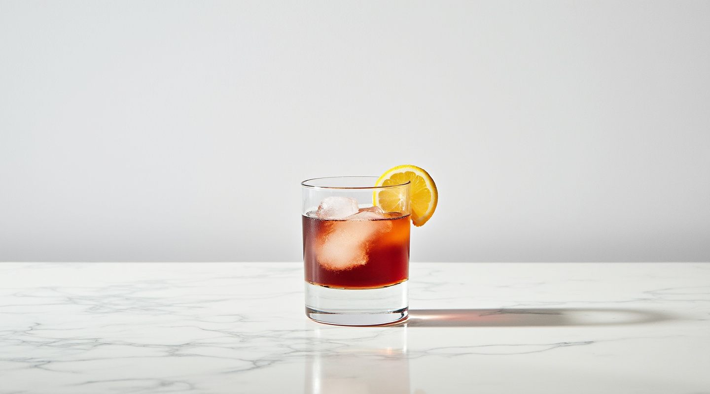 Damson in Distress cocktail in a shot glass