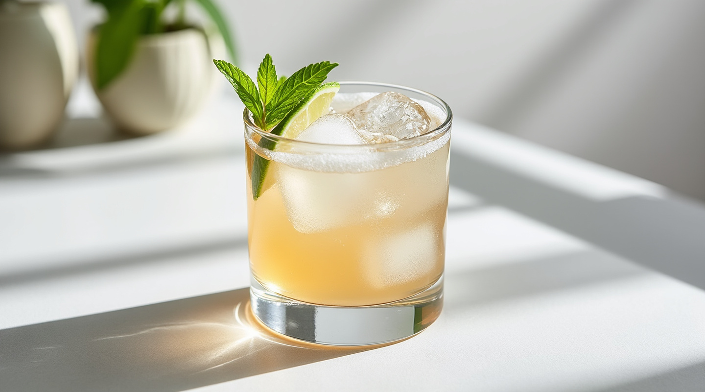 A refreshing gin-based cocktail garnished with a lime wedge, served in an old-fashioned glass.