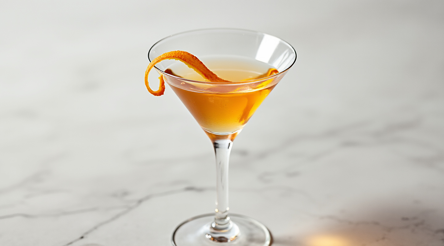 Gingertini cocktail served in a chilled martini glass with an orange twist.