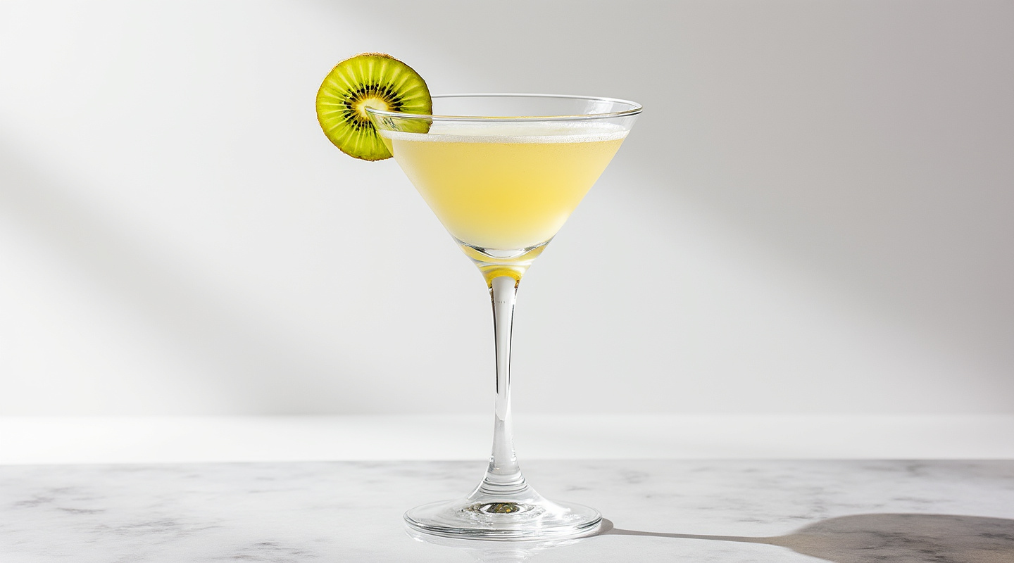 Kee-Wee Martini served in a Martini glass with a kiwi slice garnish