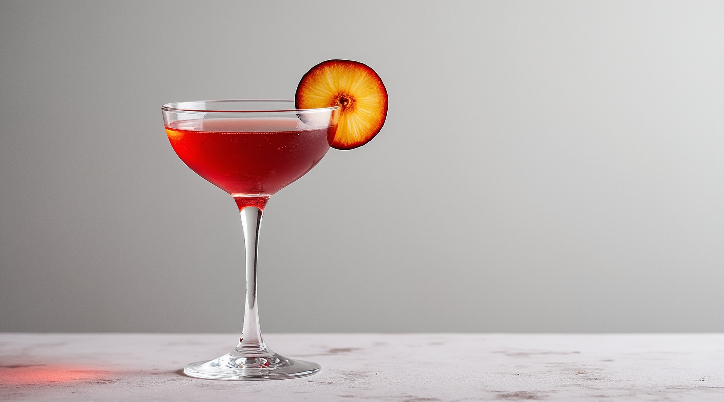 Plum Cocktail in a martini glass garnished with a plum slice