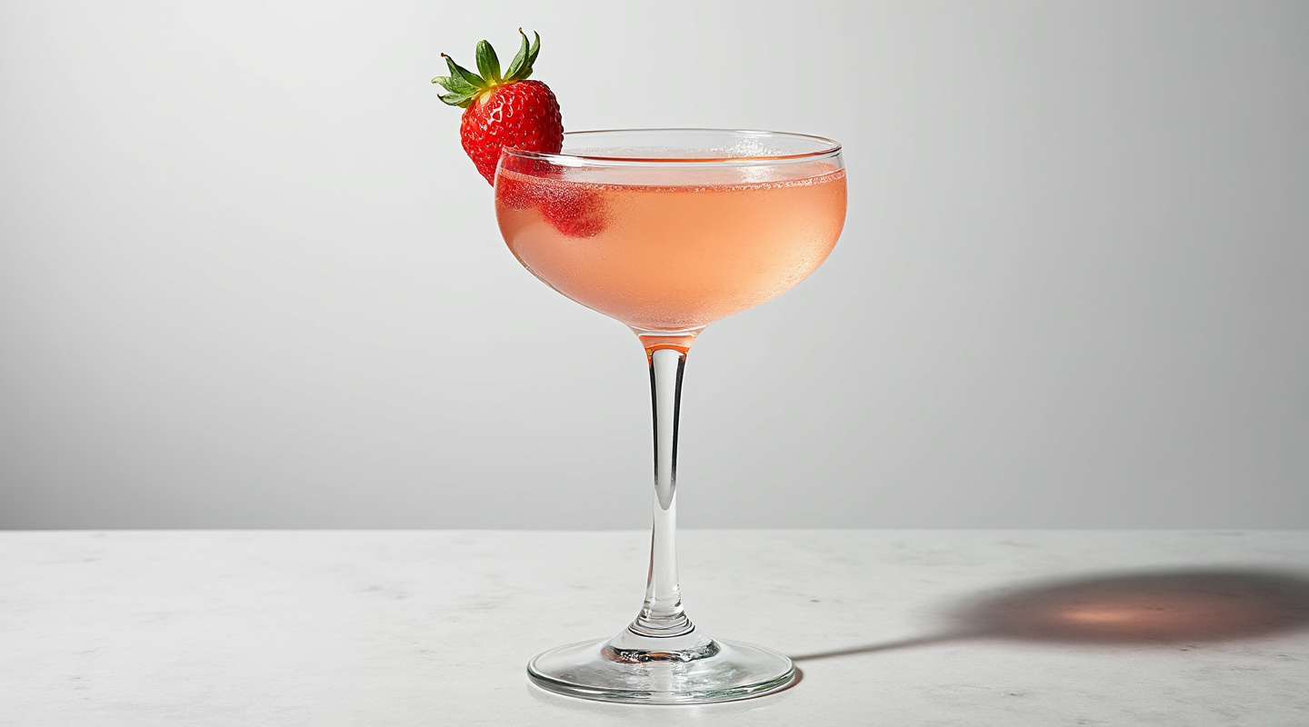 A vibrant Strawberry Cosmo cocktail served in a chilled coupe glass with a strawberry garnish.