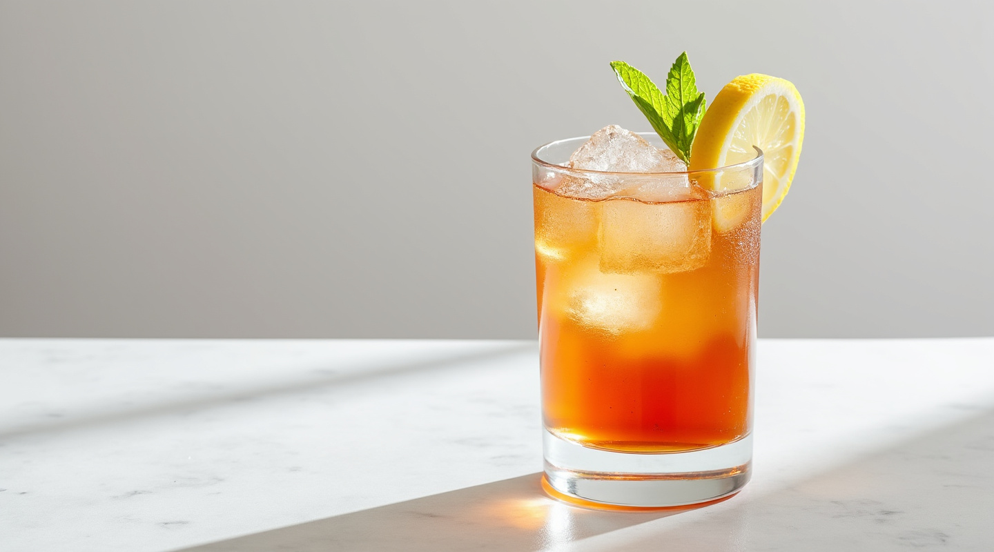 A glass of Tokyo Iced Tea with a straw and lemon slice garnish