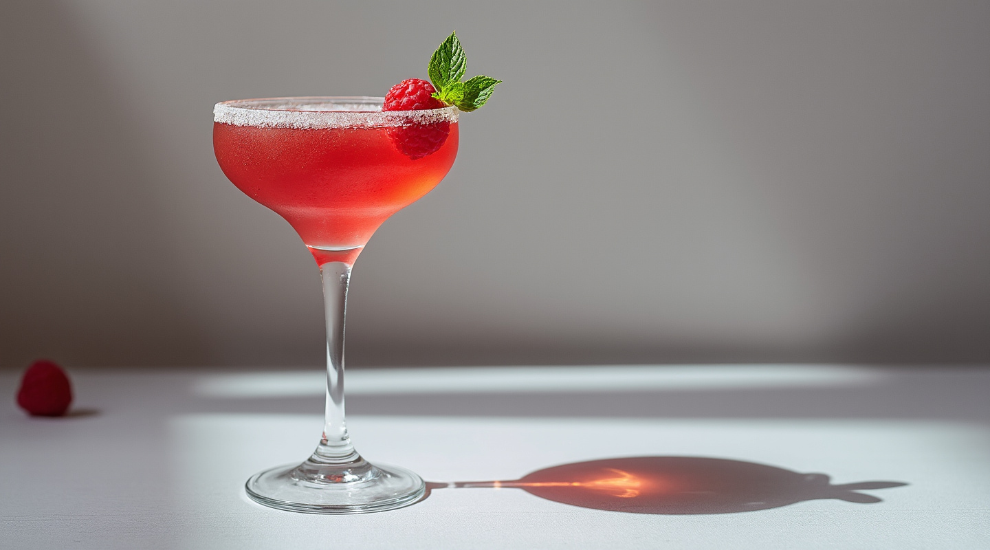A garnished Eastern Raspberry Sidecar served in a chilled martini glass