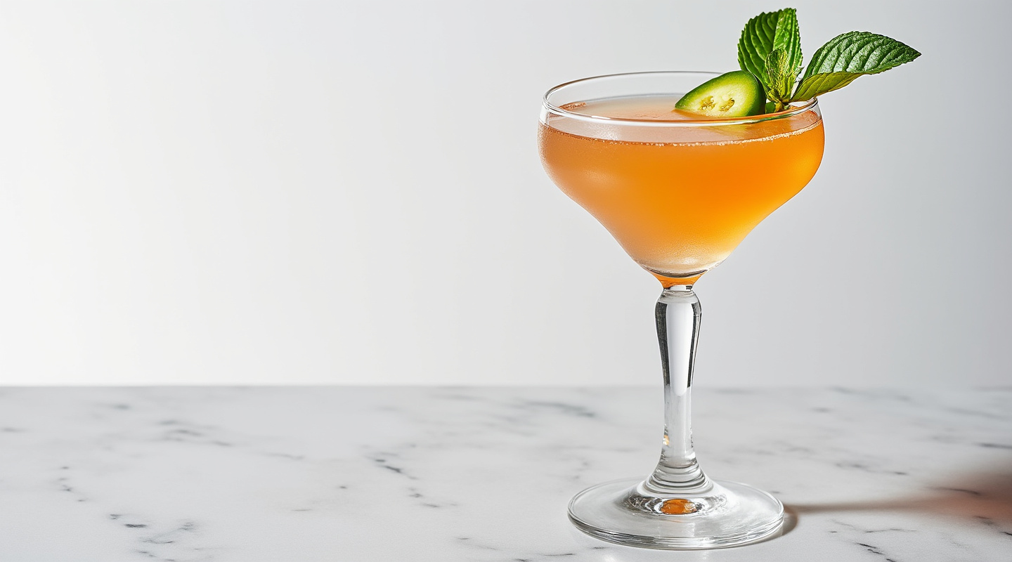 Love Unit cocktail in a chilled martini glass, garnished with a basil leaf and a slice of red bell pepper