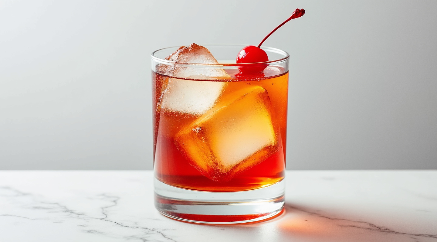 A chilled Red Hook cocktail served in a Nick & Nora glass with a maraschino cherry garnish.