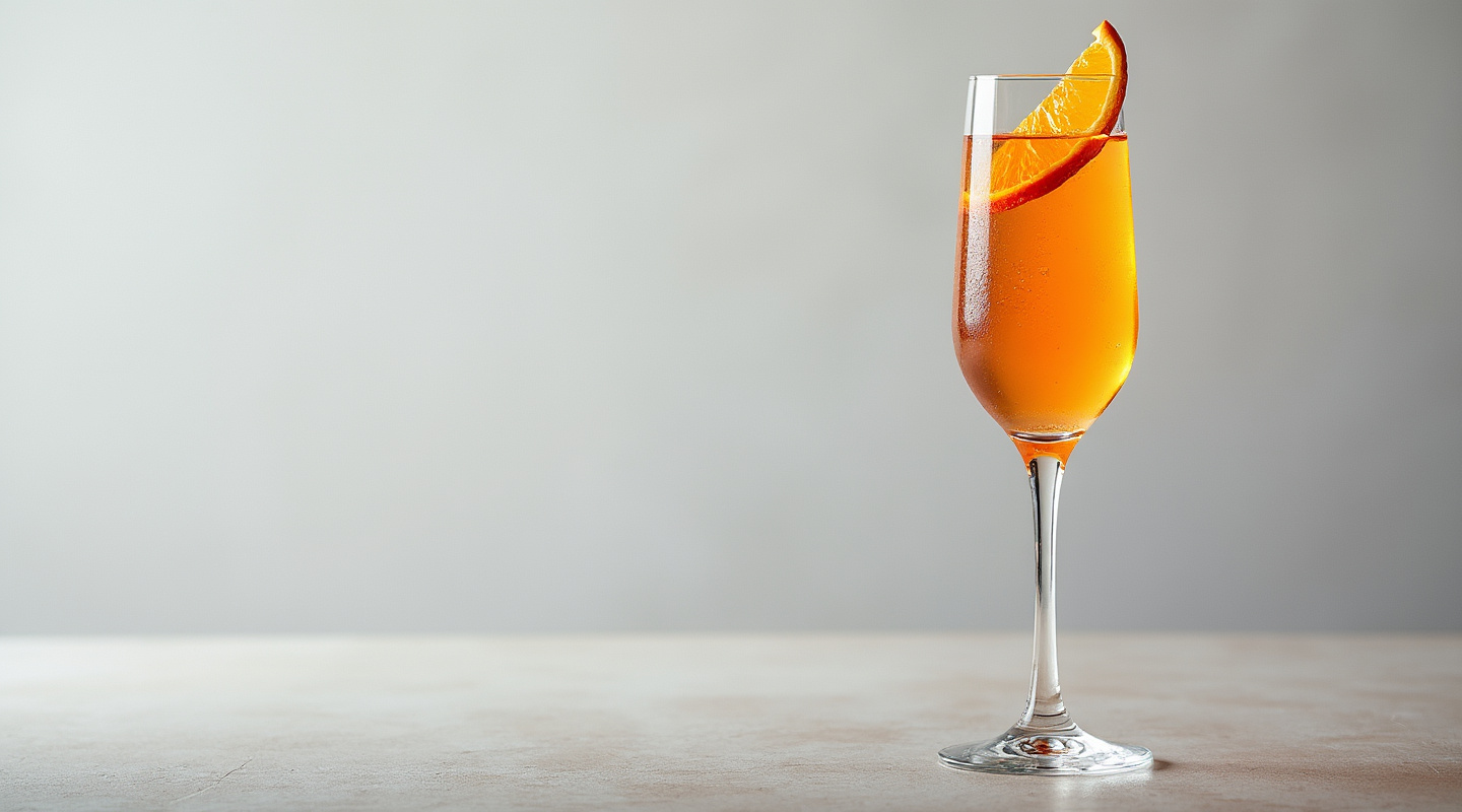 Orange colored cocktail in a flute glass with orange zest garnish