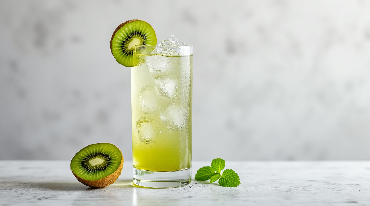 Kiwi Collins in a Collins glass garnished with a kiwi slice
