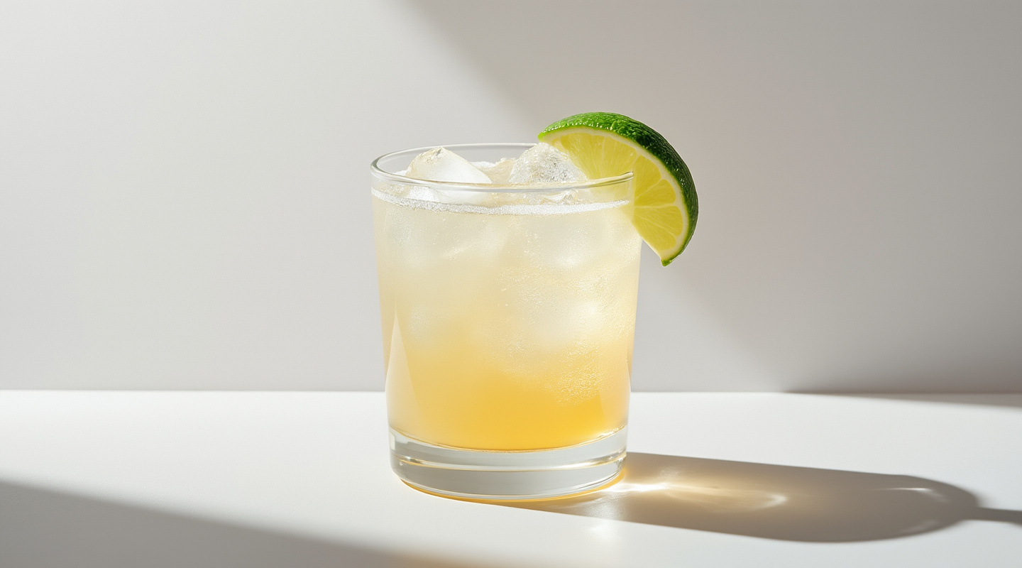 Batida cocktail served with crushed ice and garnished with a lime wedge.