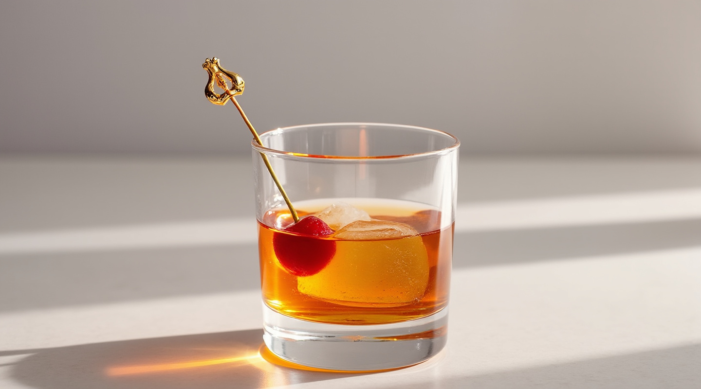 A classic Manhattan cocktail served in a Nick & Nora glass.
