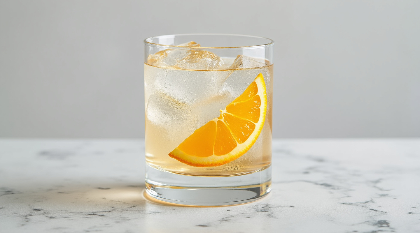 Sbagliato With Tonic cocktail in an old-fashioned glass garnished with an orange slice