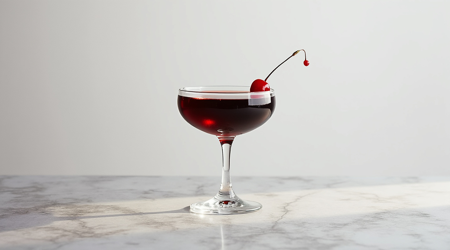Black Manhattan cocktail served in a chilled Coupe glass with a Luxardo Maraschino cherry garnish.