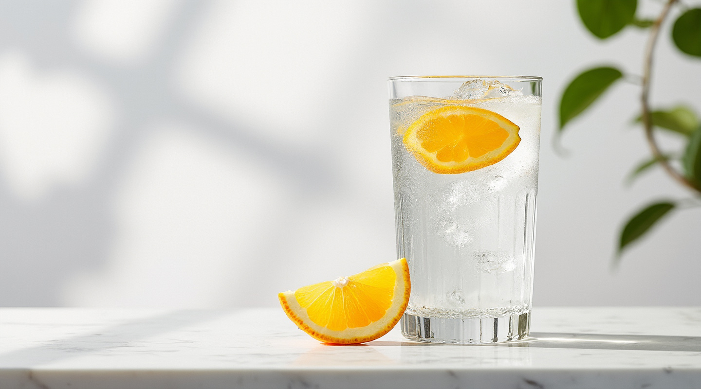 A refreshing G+T Royale cocktail served in a glass with an orange slice garnish.
