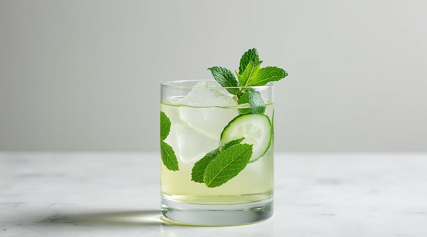 A glass of Cucumber & Mint Seltz with a sprig of mint