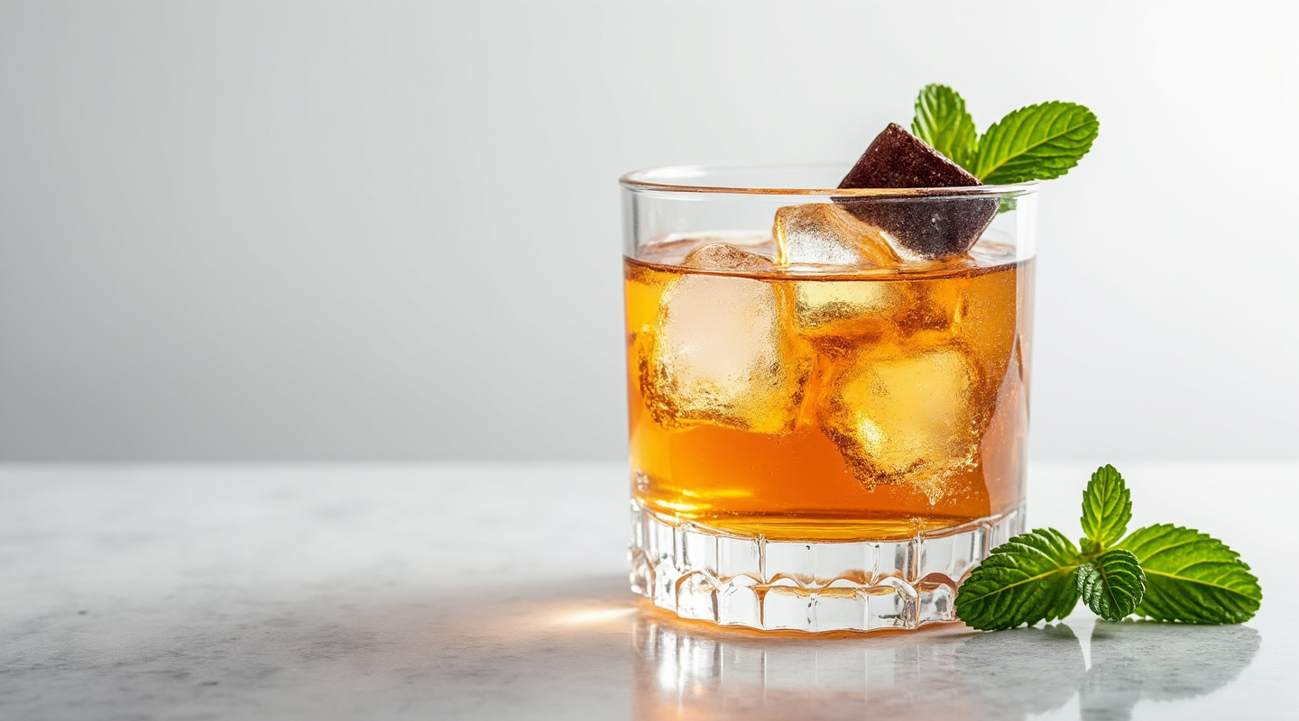Sinnerman cocktail in an old-fashioned glass garnished with mint and chocolate